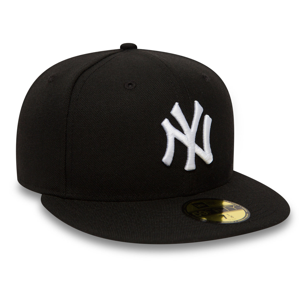 New York Yankees Essential Black New Era 59FIFTY Cap, three-quarter view with a raised white embroidered NY logo on the front panel and a gold 59FIFTY size sticker on the black visor.