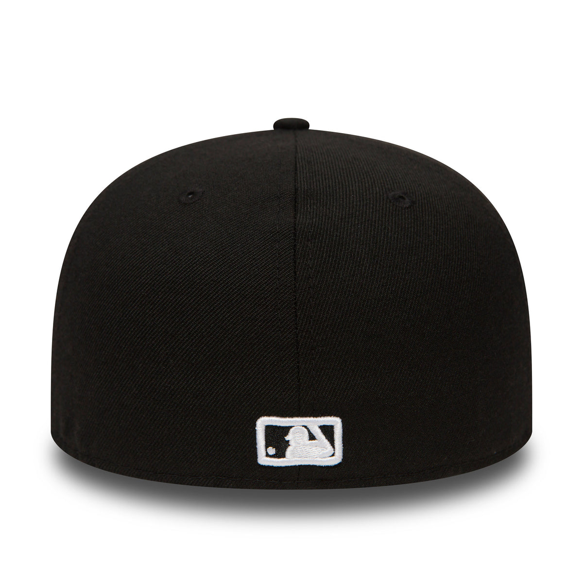 New York Yankees Essential Black New Era 59FIFTY Cap, rear view showing the white embroidered MLB Batterman logo centred on the back of the black structured crown, beneath the top button.