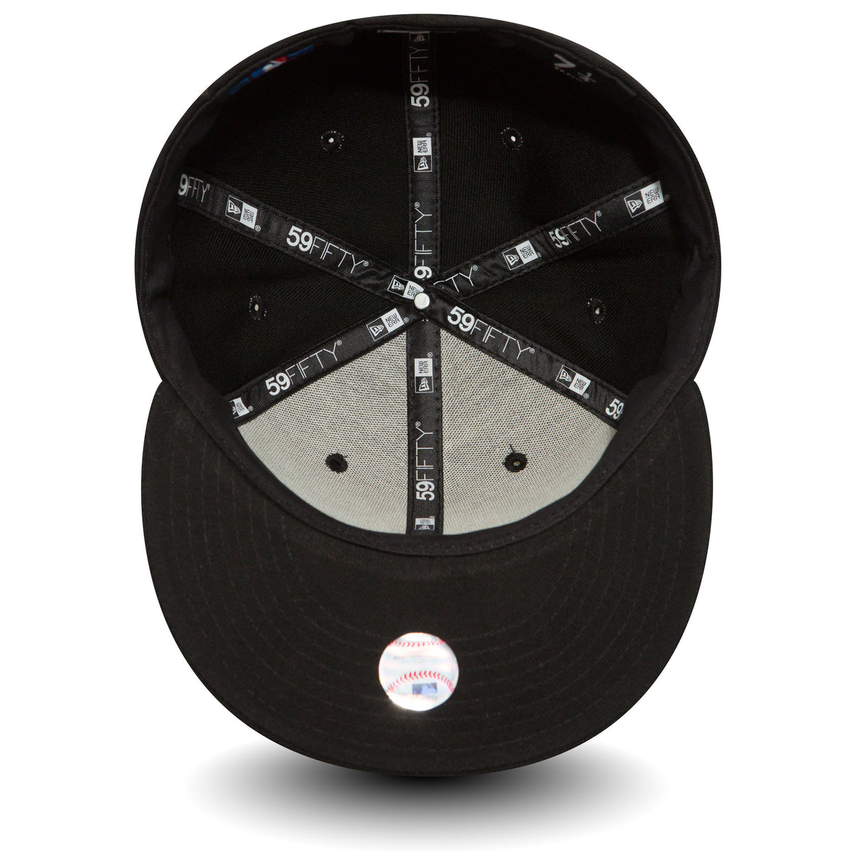New York Yankees Essential Black New Era 59FIFTY Cap, inside view showing black taping with 59FIFTY branding, a black sweatband, white undervisor, and the baseball sticker on the underside of the visor.