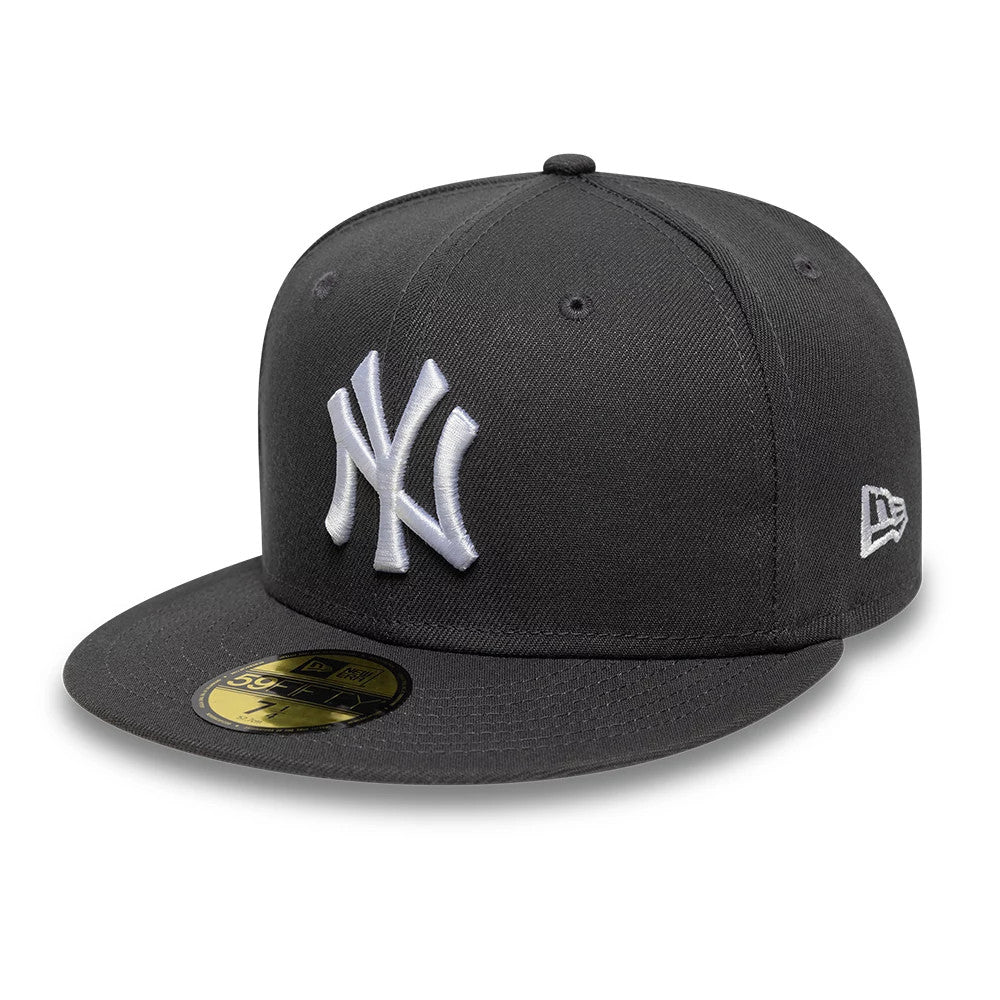 New York Yankees Essential Grey New Era 59FIFTY Fitted Cap, front view showing a raised white embroidered NY logo on the front panel, a gold 59FIFTY size sticker on the grey visor, and the New Era flag logo on the left side.