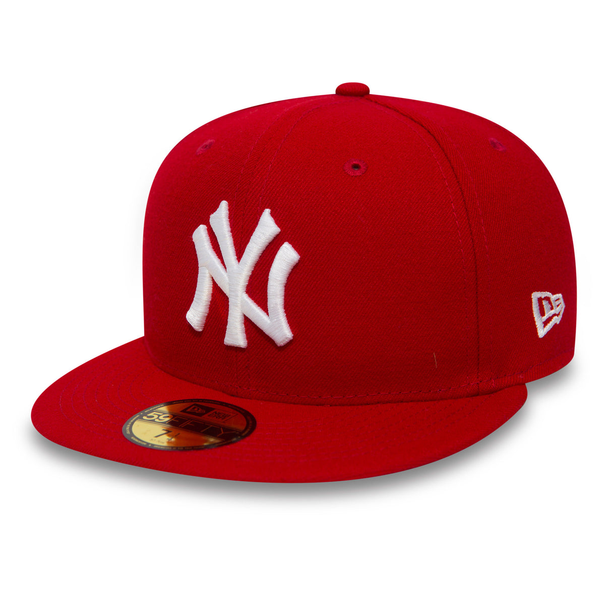 New York Yankees Essential Red New Era 59FIFTY Cap, front view with raised white embroidered NY logo on the front panel, red visor featuring a gold 59FIFTY size sticker and white New Era flag logo on the left side.