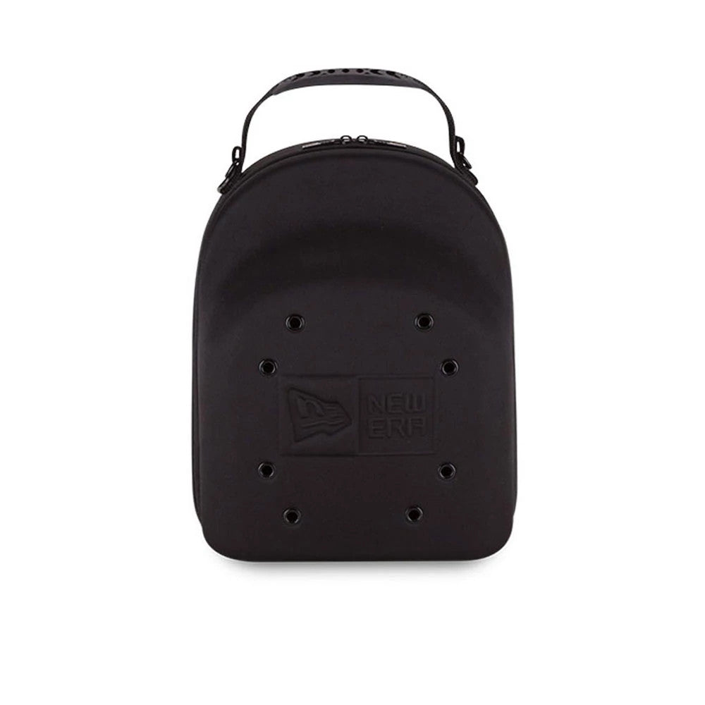 New Era 6 Pack Black Cap Carrier, front view showing the black shell with a debossed New Era logo centred on the lower half, a carry handle attached at the top and eyelets evenly distributed across the front above the logo.