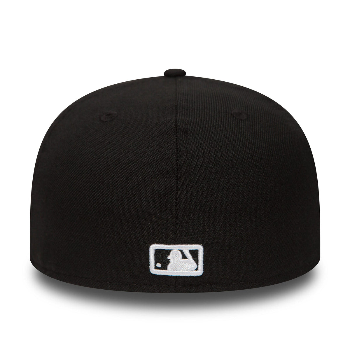 Atlanta Braves Essential Black New Era 59FIFTY Cap, rear view showing the white embroidered MLB Batterman logo at the centre back of the black crown, with matching top button and eyelets.