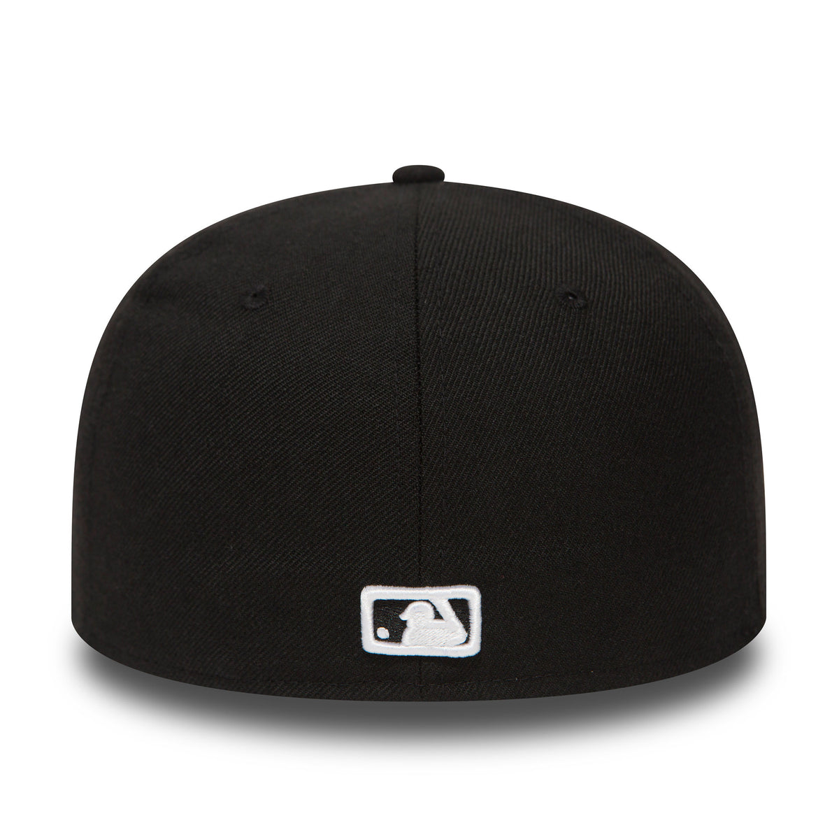 LA Dodgers Essential Black New Era 59FIFTY Cap, rear view showing the white embroidered MLB Batterman logo at the centre of the black back panels, just above the base of the structured crown.
