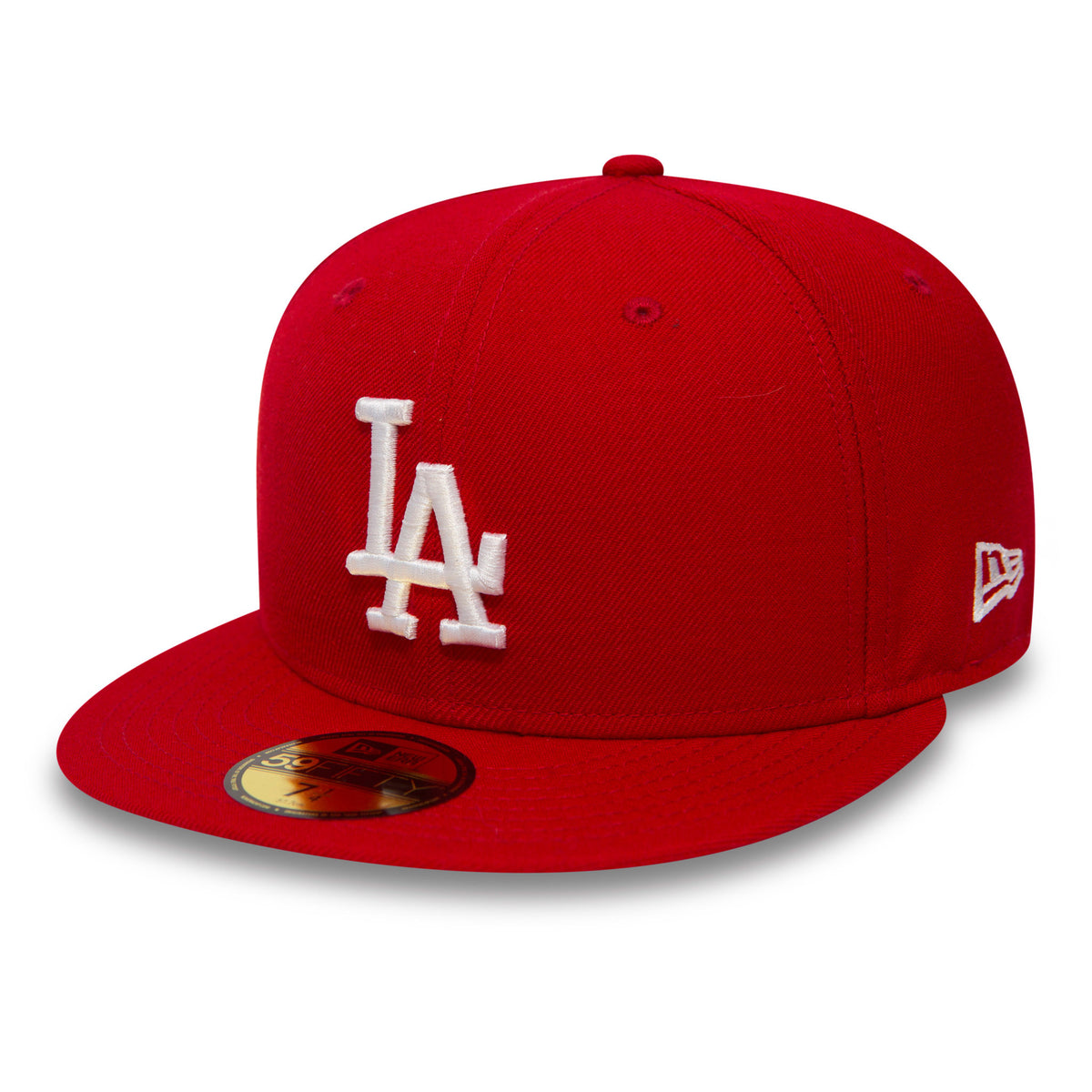 LA Dodgers Essential Red New Era 59FIFTY Cap, three-quarter view showing the raised white embroidered LA logo on the front panel, matching red visor with gold 59FIFTY size sticker, and the white New Era flag logo on the left side.