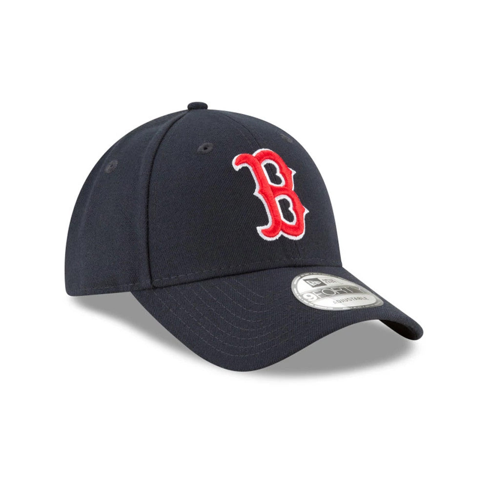 Boston Red Sox The League Blue New Era 9FORTY Cap, front view with the red embroidered B logo on the front panel, curved visor with 9FORTY size sticker, and matching top button and eyelets.