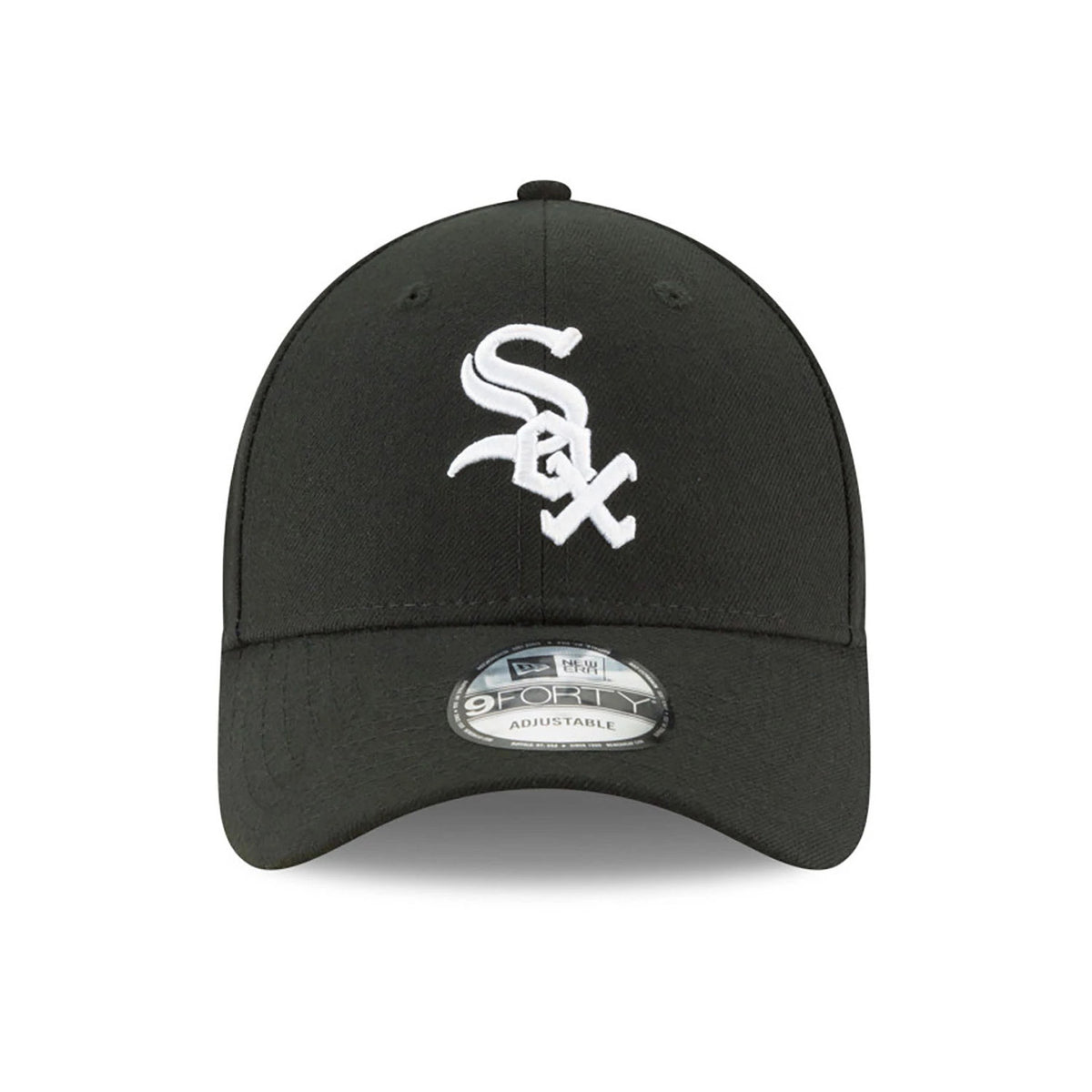 Chicago White Sox The League Black New Era 9FORTY Cap, front view showing white embroidered Sox logo on the front panel, curved black visor with the 9FORTY size sticker, and black top button.