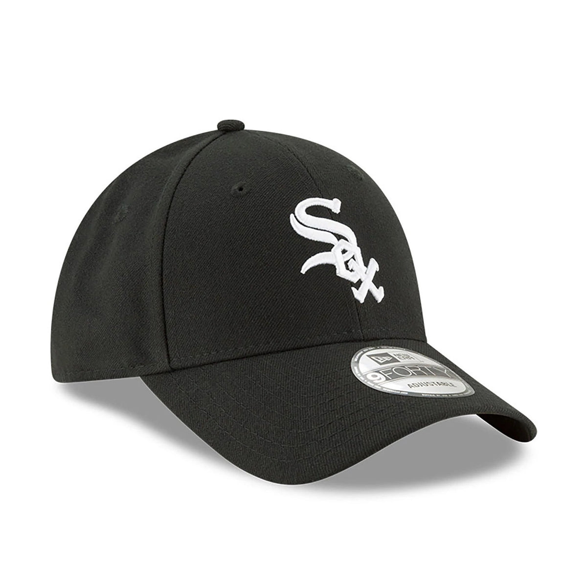 Chicago White Sox The League Black New Era 9FORTY Cap, three-quarter view showing the raised white embroidered Sox logo on the front panel, curved black visor with a 9FORTY size sticker, and top button aligned with black eyelets.