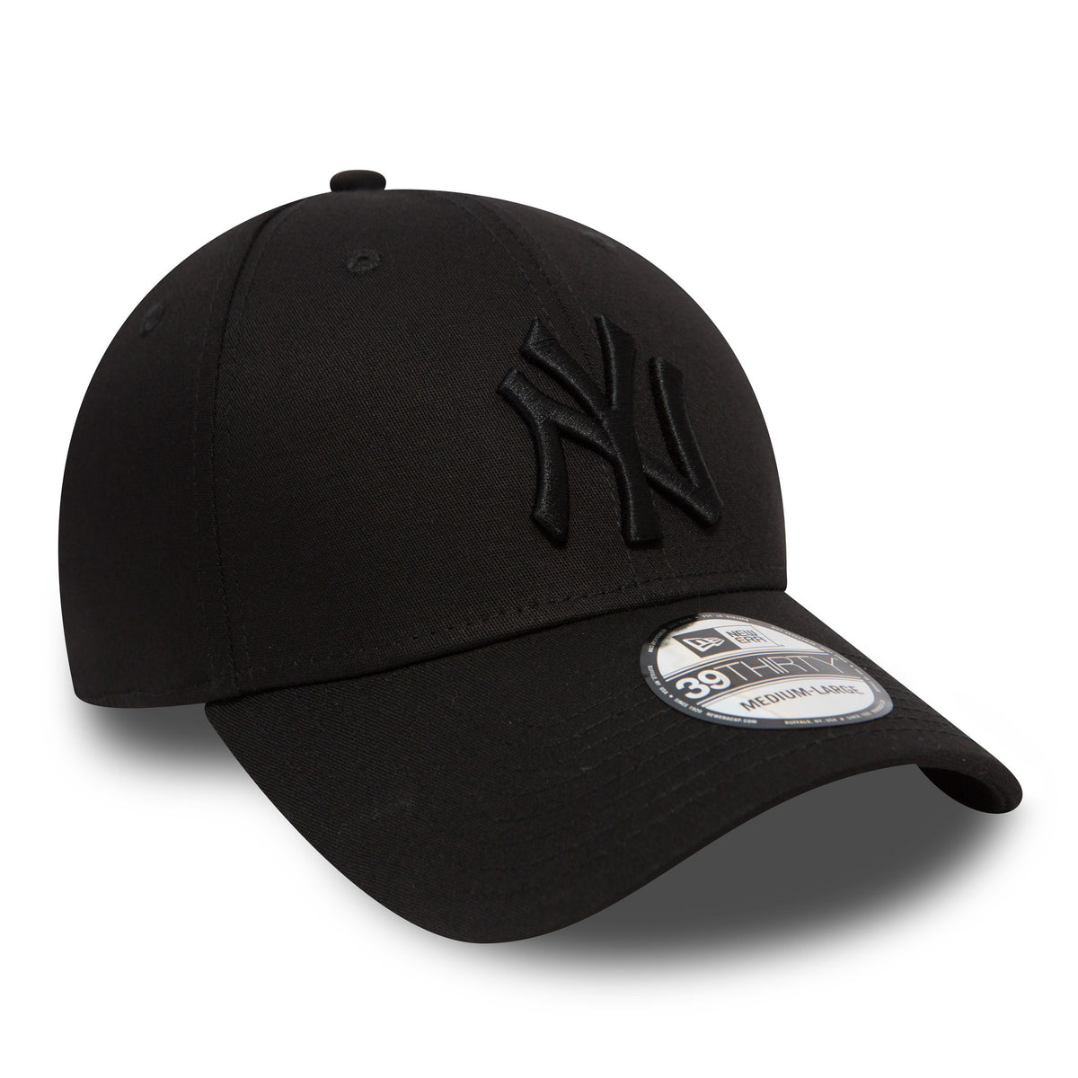 New York Yankees Classic Black Logo New Era 39THIRTY Cap, three-quarter view showing the raised black NY logo embroidery on the front panel with a black curved visor and a 39THIRTY size sticker on the top of the visor.