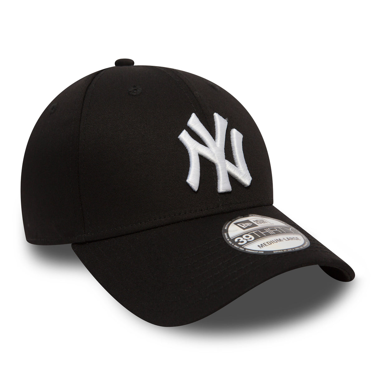 New York Yankees Classic Black New Era 39THIRTY Cap, three-quarter view showing the raised white NY logo embroidered on the structured front panel, with a curved visor and 39THIRTY size sticker on top.