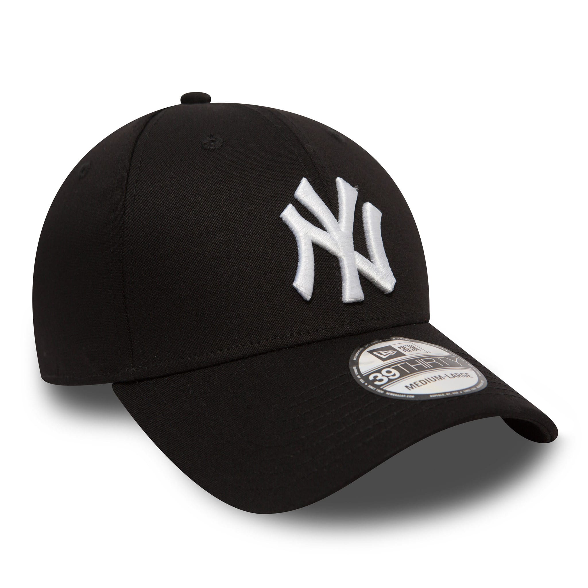 New York Yankees Classic Black New Era 39THIRTY Cap, three-quarter view showing the raised white NY logo embroidered on the structured front panel, with a curved visor and 39THIRTY size sticker on top.