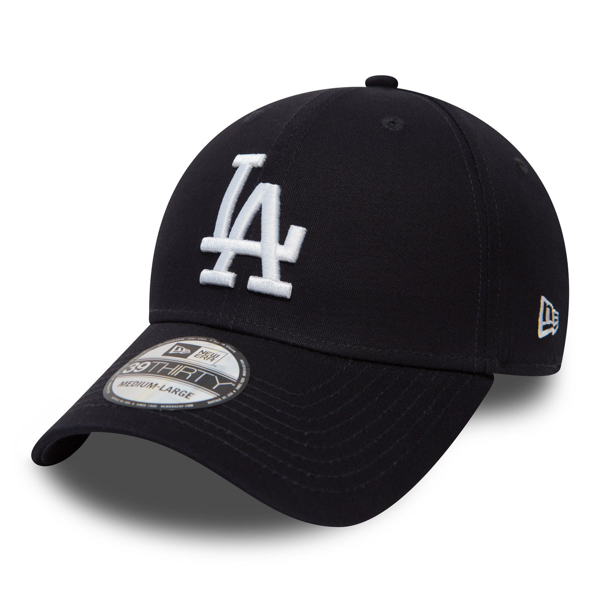 LA Dodgers Classic Navy New Era 39THIRTY Cap, front view showing a white raised embroidered LA logo on the structured crown, with a curved navy visor and a 39THIRTY size sticker, plus the New Era flag logo embroidered on the left side.