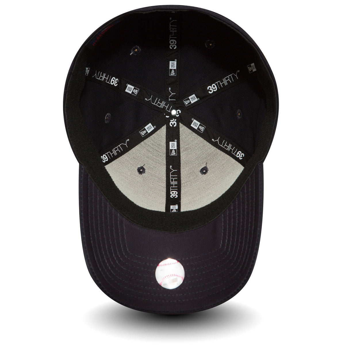 LA Dodgers Classic Navy New Era 39THIRTY Cap, inside view showing grey undervisor, New Era and 39THIRTY taping across the black sweatband, and a white and red baseball image on the underside of the visor.