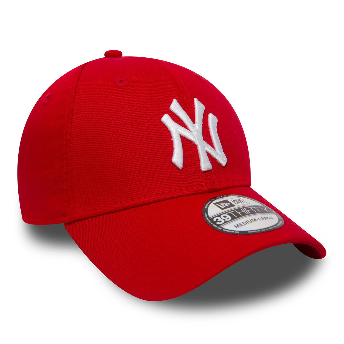 New York Yankees Essential Red New Era 39THIRTY Cap, three-quarter view showing white raised embroidered NY logo on the front panel, with a curved visor and a 39THIRTY size sticker on top.