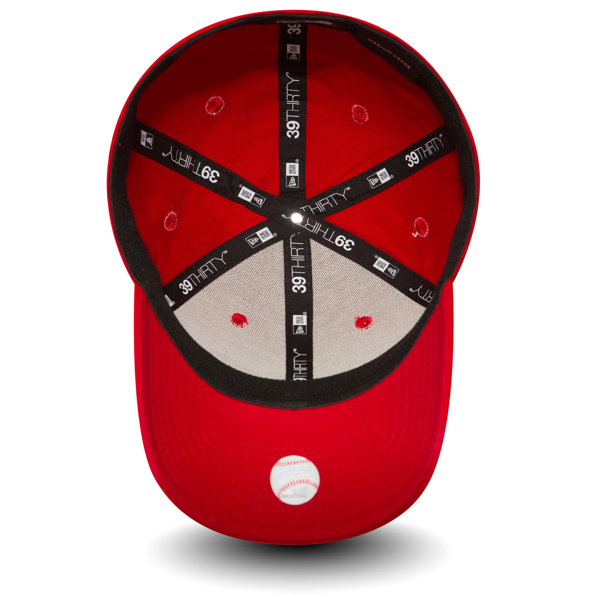New York Yankees Essential Red New Era 39THIRTY Cap, inside view showing black branded taping with white logos, a grey undervisor, a white baseball sticker on the underside of the red visor, and red embroidered eyelets around the crown.