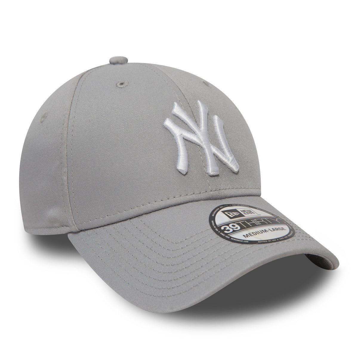 New York Yankees Essential Grey New Era 39THIRTY Cap, three-quarter view with a raised white embroidered NY logo on the front panel and a 39THIRTY size sticker on the grey curved visor.