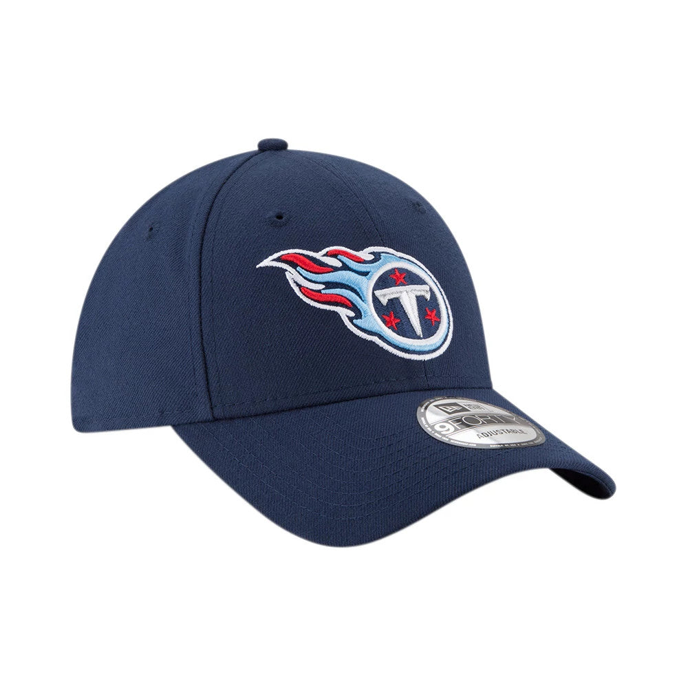 Tennessee Titans The League Blue New Era 9FORTY Cap, three-quarter view showing the raised embroidered team logo on the front panel, curved visor with 9FORTY size sticker, and navy blue structured crown with a top button.