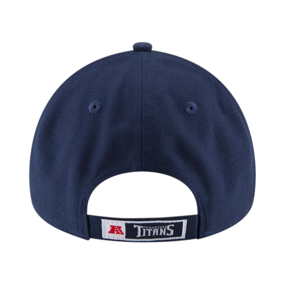 Tennessee Titans The League Blue New Era 9FORTY Cap, rear view showing the embroidered Tennessee Titans team name on a fabric strap with a hook and loop closure, beneath the structured blue crown and centred top button.