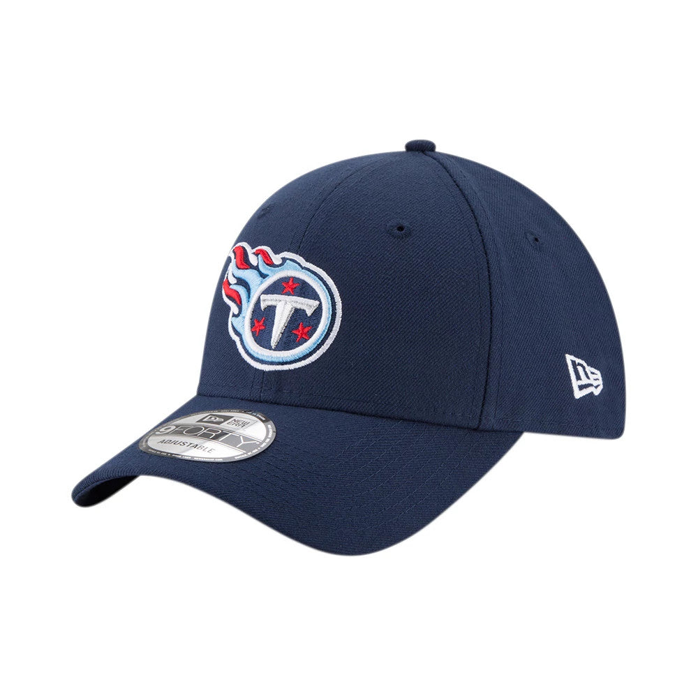 Tennessee Titans The League Blue New Era 9FORTY Cap, front view showing the raised embroidered Titans logo on the front panel and New Era flag logo on the left side, with a 9FORTY size sticker on the visor.