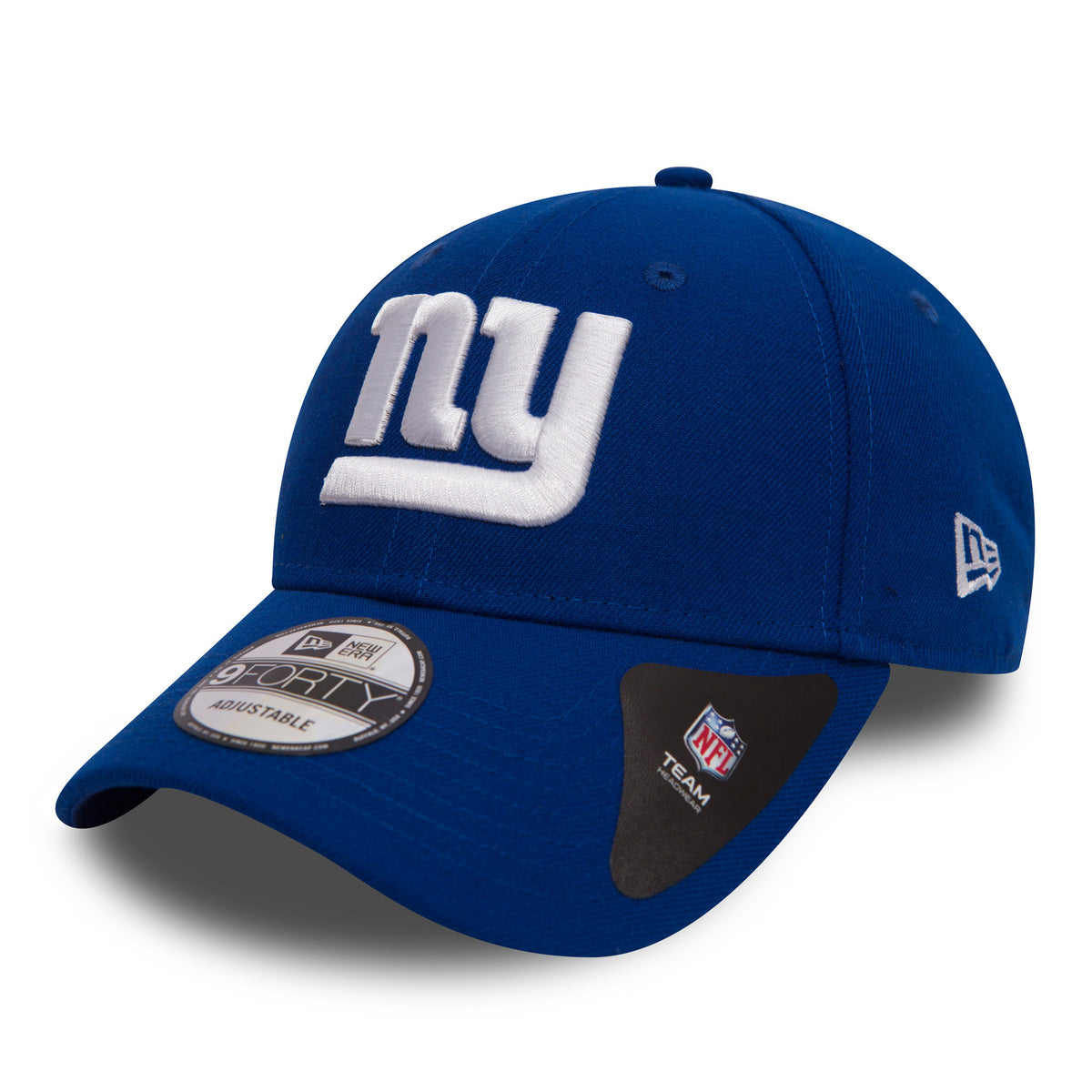 New York Giants The League Blue New Era 9FORTY Cap, front view showing the prominent white raised embroidery "ny" logo on the blue structured crown, with a black and grey 9FORTY size sticker centred on the curved visor.
