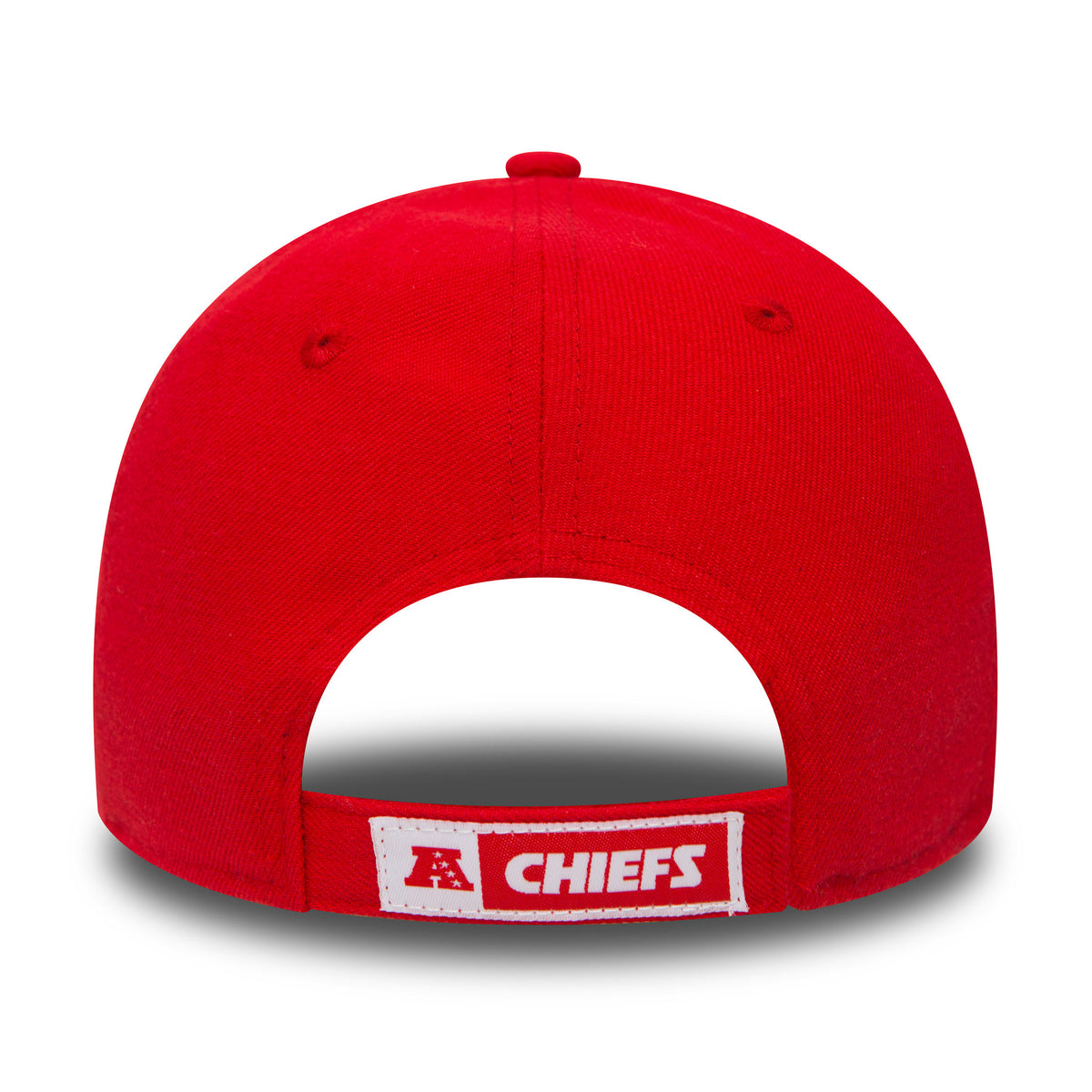 Kansas City Chiefs The League Red New Era 9FORTY Cap, rear view showing the red adjustable strap with a white rectangular patch featuring the red A logo and CHIEFS lettering, centred above the opening.