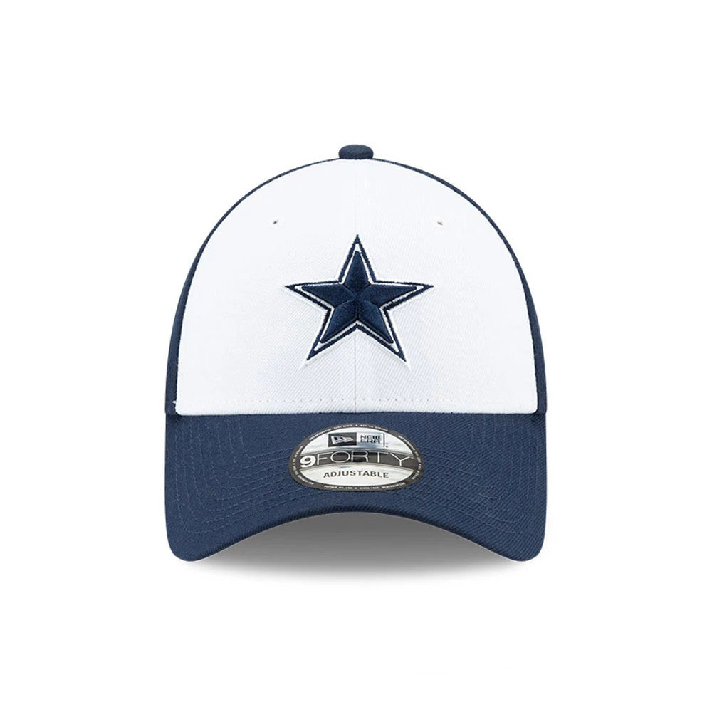 Dallas Cowboys The League Blue New Era 9FORTY Cap, front view showing raised embroidered navy star on the white front panel, with a curved blue visor and 9FORTY size sticker on top of the visor.
