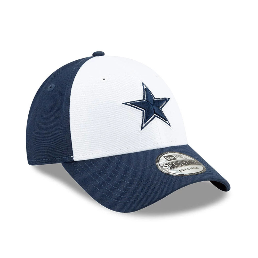 Dallas Cowboys The League Blue New Era 9FORTY Cap, three-quarter view showing the raised embroidered star logo on the front panel, with a curved blue visor and a 9FORTY size sticker on top.