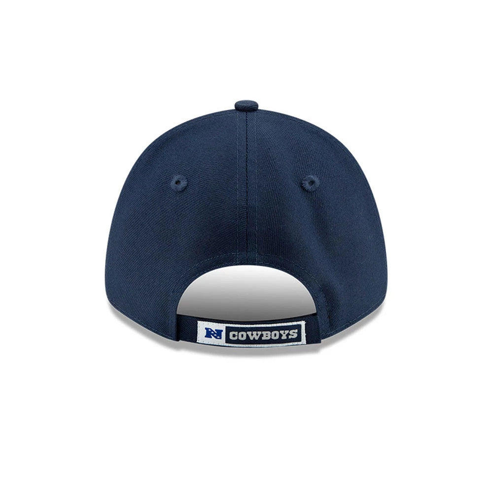 Dallas Cowboys The League Blue New Era 9FORTY Cap, rear view showing the white and blue embroidered Cowboys wordmark on the adjustable strap and centred blue New Era flag logo on the low curved blue crown.