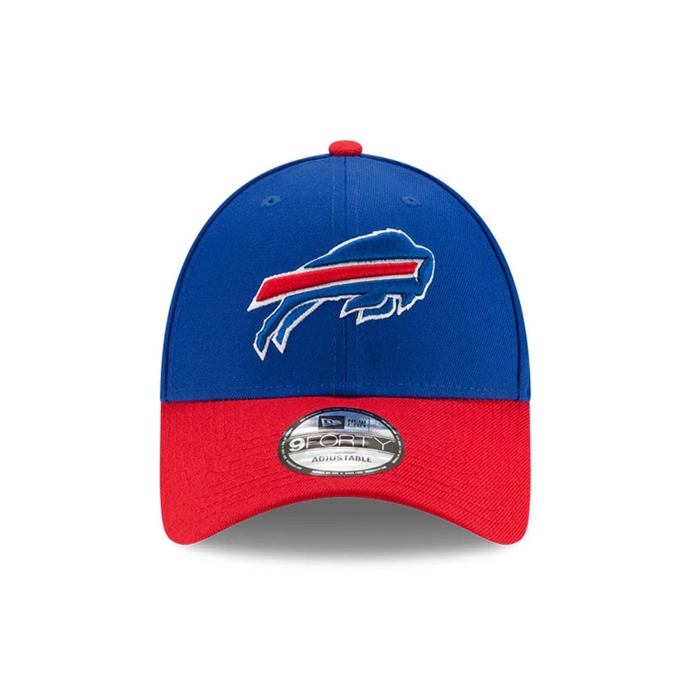 Buffalo Bills The League Blue New Era 9FORTY Cap, front view showing the raised red and white embroidered team logo on the structured blue crown, with a red curved visor and 9FORTY size sticker.