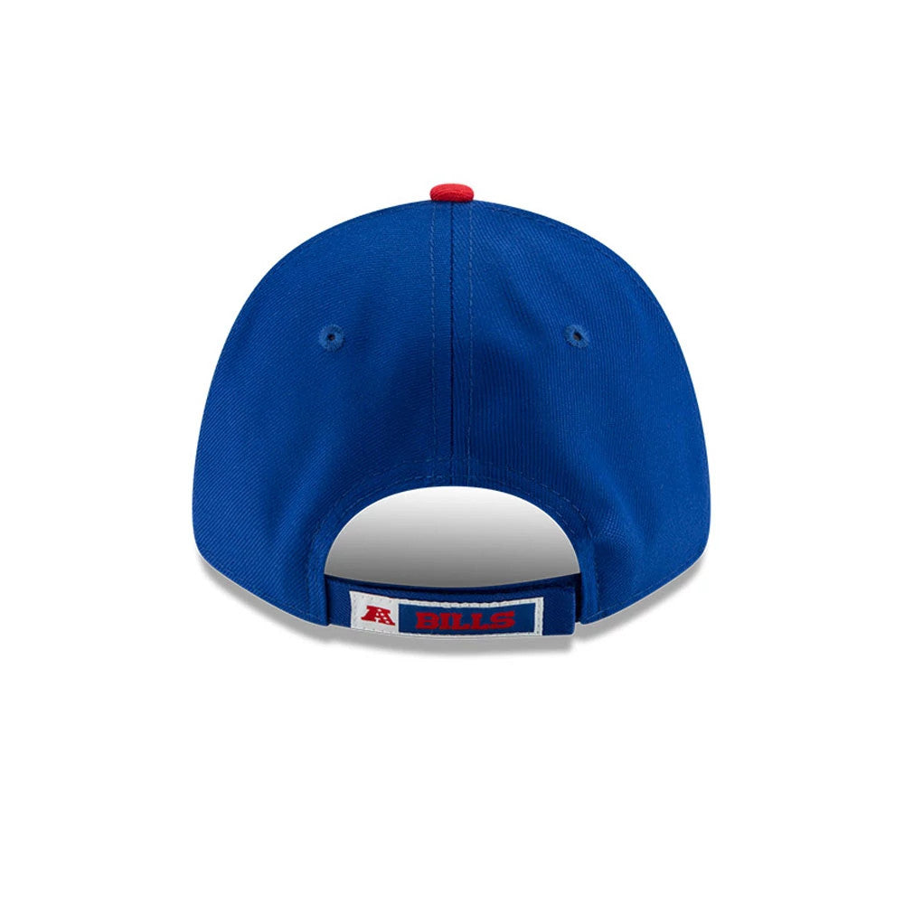 Buffalo Bills The League Blue New Era 9FORTY Cap, rear view showing the AFC logo and BILLS text embroidered in red on the adjustable strap, with a red top button on the structured blue crown.