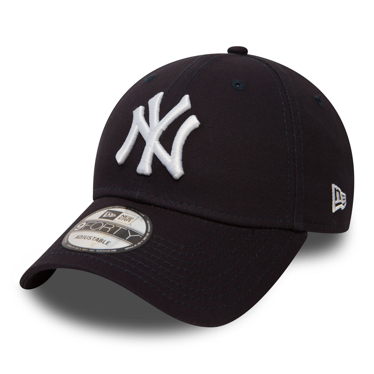 New York Yankees Essential Navy New Era 9FORTY Cap, front view showing the raised white NY logo on the navy front panel, curved visor with 9FORTY size sticker, and embroidered New Era flag logo on the left side.