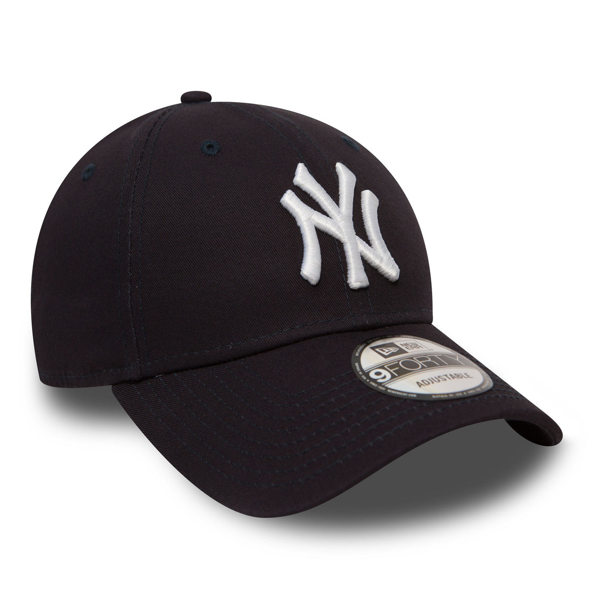 New York Yankees Essential Navy New Era 9FORTY Cap, three-quarter view showing the white raised embroidered NY logo on the front panel, with a curved visor and 9FORTY size sticker on the brim.