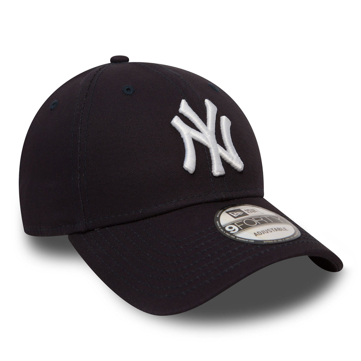New York Yankees Essential Navy New Era 9FORTY Cap, three-quarter view showing the white raised embroidered NY logo on the front panel, with a curved visor and 9FORTY size sticker on the brim.