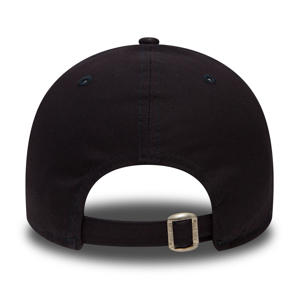 New York Yankees Essential Navy New Era 9FORTY Cap, rear view showing the navy crown with tonal stitching, eyelets, a metal buckle closure on the adjustable strap, and a top button centred on the back panel.