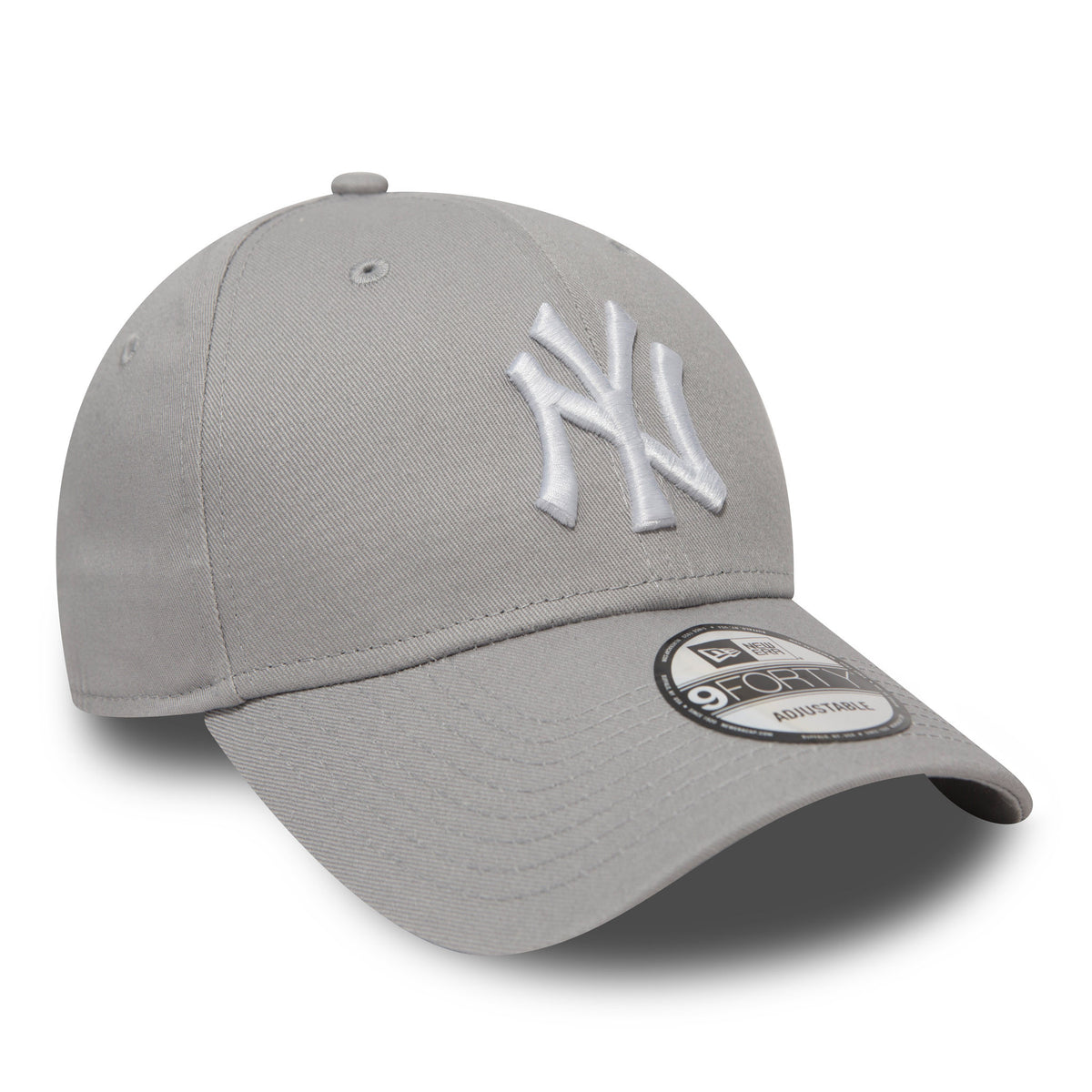 New York Yankees Essential Grey New Era 9FORTY Cap, three-quarter view showing the raised white embroidered NY logo on the front panel, with a curved visor and 9FORTY size sticker on top.