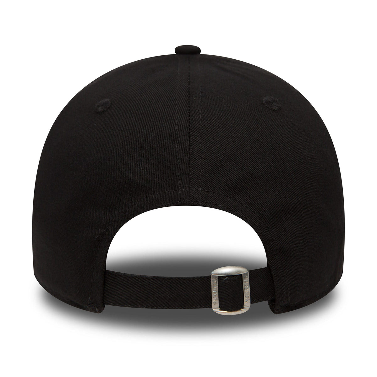 New York Yankees Essential Black New Era 9FORTY Cap, rear view showing an adjustable strap with a metal buckle at the back, centred below the plain black structured crown, featuring a top button.