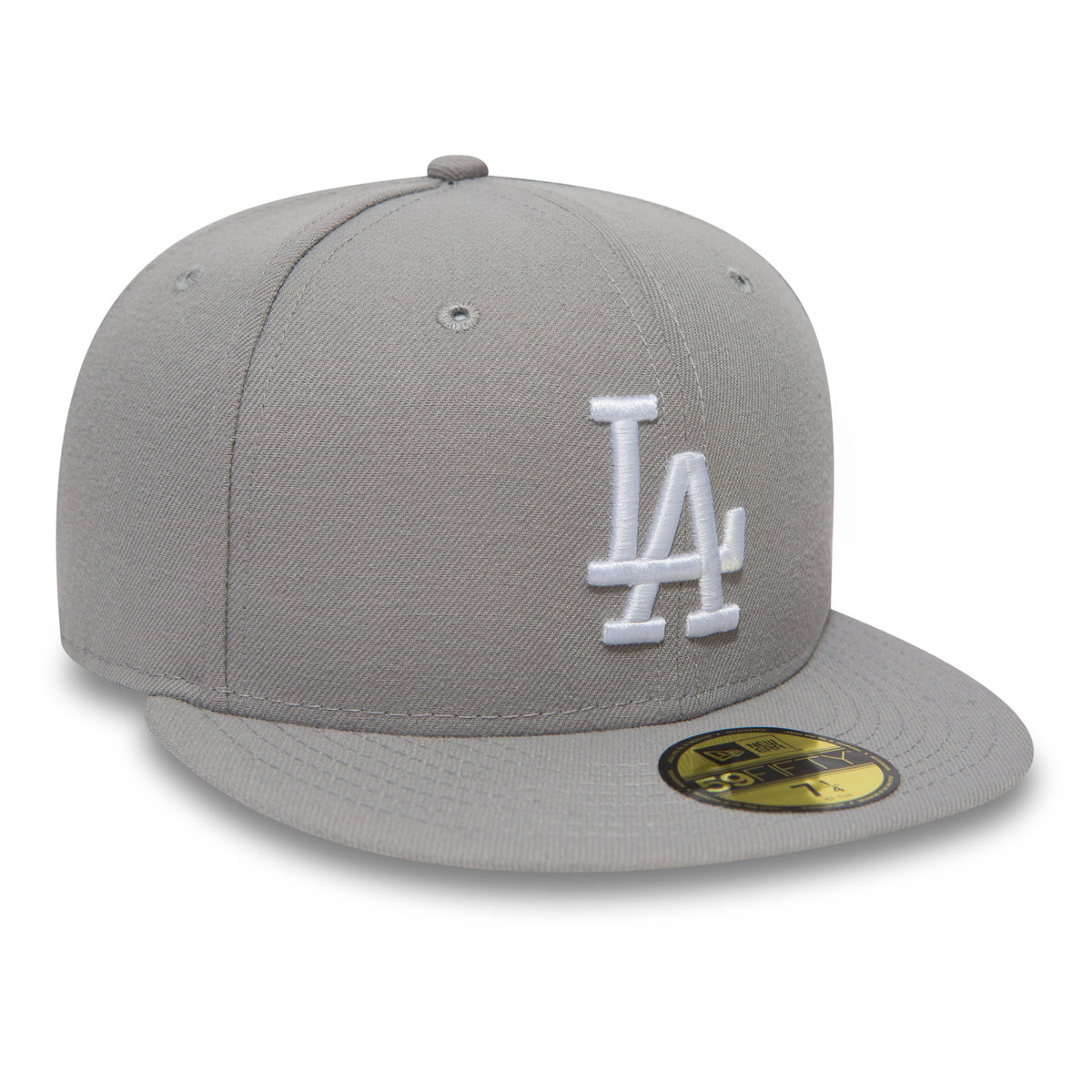 LA Dodgers MLB Basic Grey New Era 59FIFTY Fitted Cap, three-quarter view showing the raised white embroidered LA logo on the front panel, flat grey visor with a gold 59FIFTY size sticker.