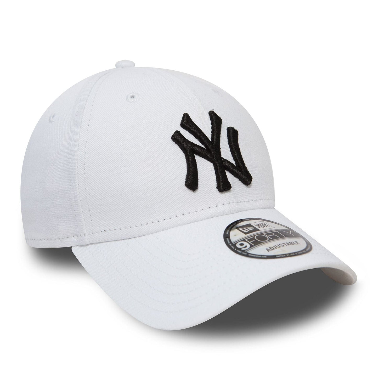 New York Yankees Essential White New Era 9FORTY Cap, three-quarter view showing a raised black embroidered NY logo on the front panel, curved visor with a 9FORTY size sticker, and white top button.