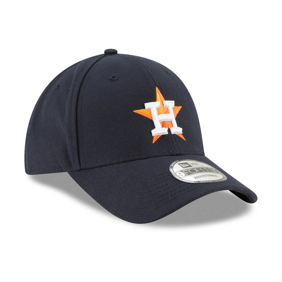 Houston Astros The League Navy New Era 9FORTY Cap, three-quarter view showing the orange star and white H embroidered logo on the front panel, navy structured crown, rounded visor and silver 9FORTY size sticker on the visor.