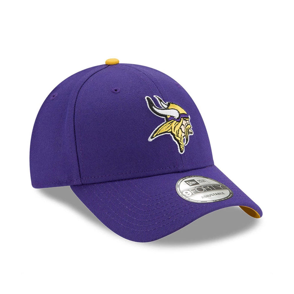 Minnesota Vikings The League Purple New Era 9FORTY Cap, front view showing the raised embroidered Viking logo on the front panel, curved visor with 9FORTY size sticker, and a yellow top button accenting the purple crown.