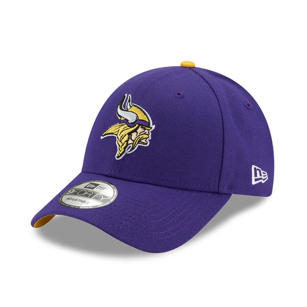 Minnesota Vikings The League Purple New Era 9FORTY Cap, front view showing the raised embroidered Vikings logo on the front panel, curved visor with 9FORTY size sticker, and New Era flag logo on the left side.