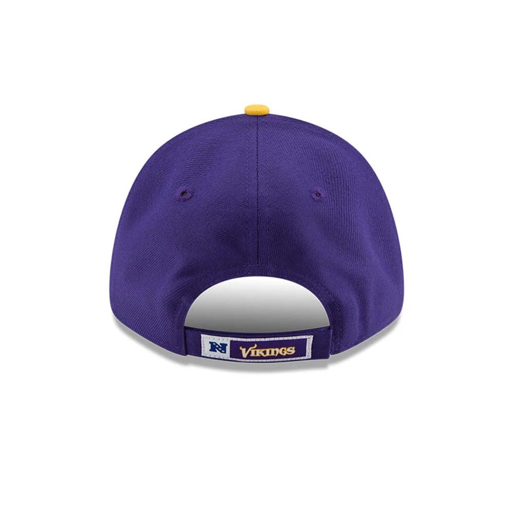 Minnesota Vikings The League Purple New Era 9FORTY Cap, rear view showing the embroidered Vikings logo on the adjustable strap, centred low on the structured purple crown with a contrasting yellow top button.
