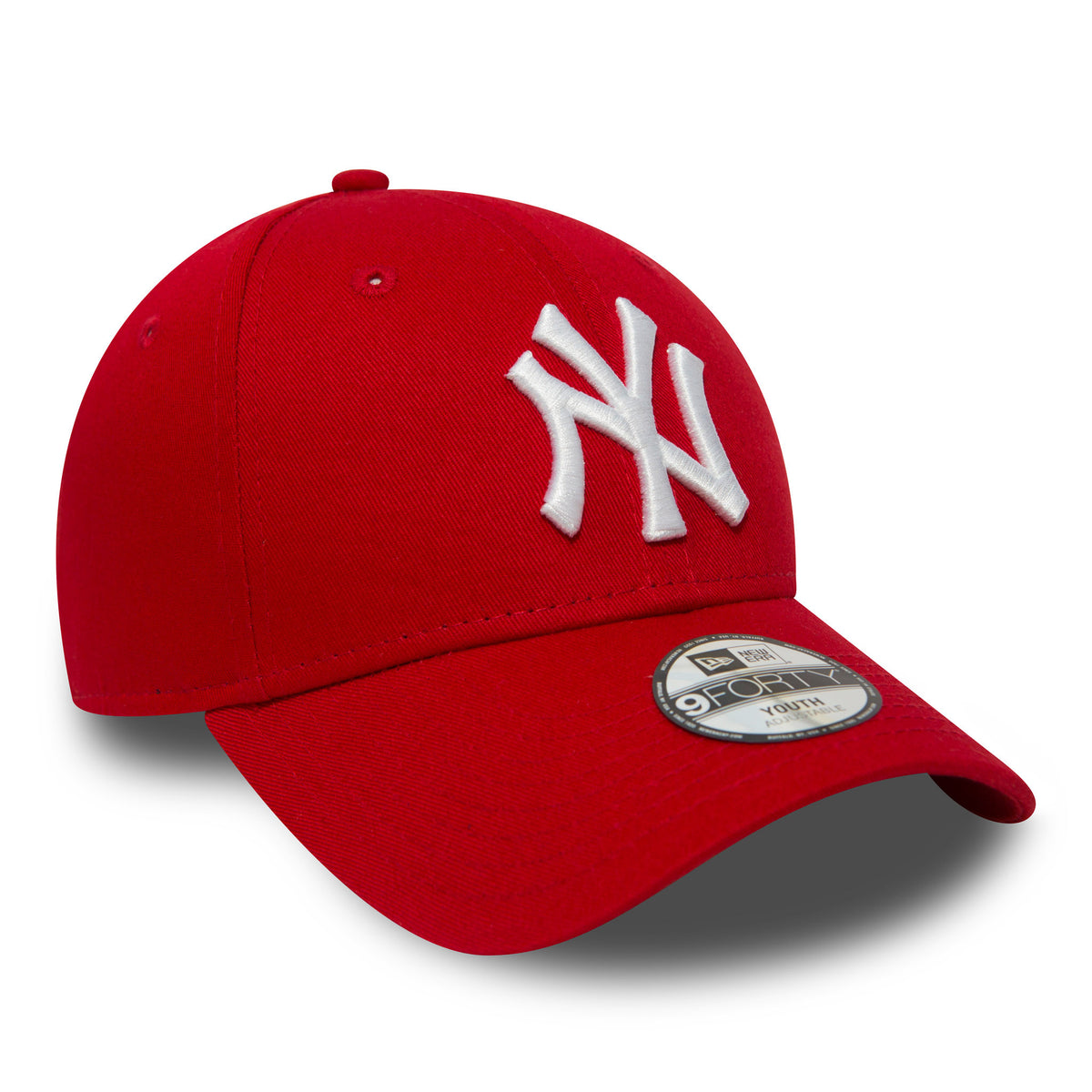 New York Yankees Youth MLB Essential Red New Era 9FORTY Cap, three-quarter view showing the raised white embroidered NY logo on the front panel and a 9FORTY size sticker on the curved red visor.