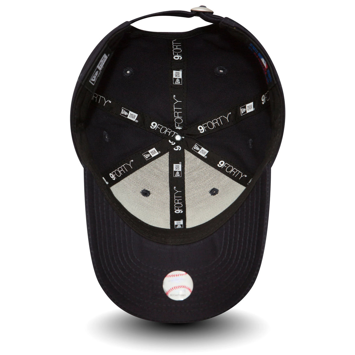 New York Yankees Essential Kids Navy New Era 9FORTY Cap, inside view showing black sweatband, grey undervisor, and branded taping with the 9FORTY size sticker on the underside of the visor.