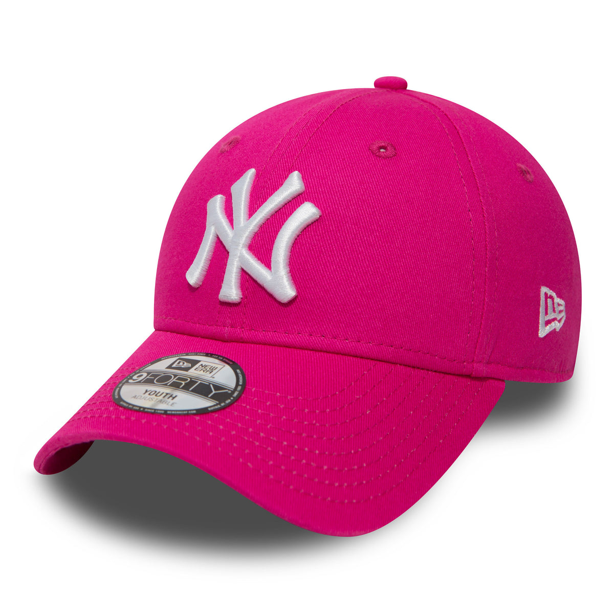 New York Yankees Essential Kids Pink New Era 9FORTY Cap, front view showing the raised white NY logo embroidery on the pink front panel, curved visor with 9FORTY size sticker, and New Era flag logo on the left side.
