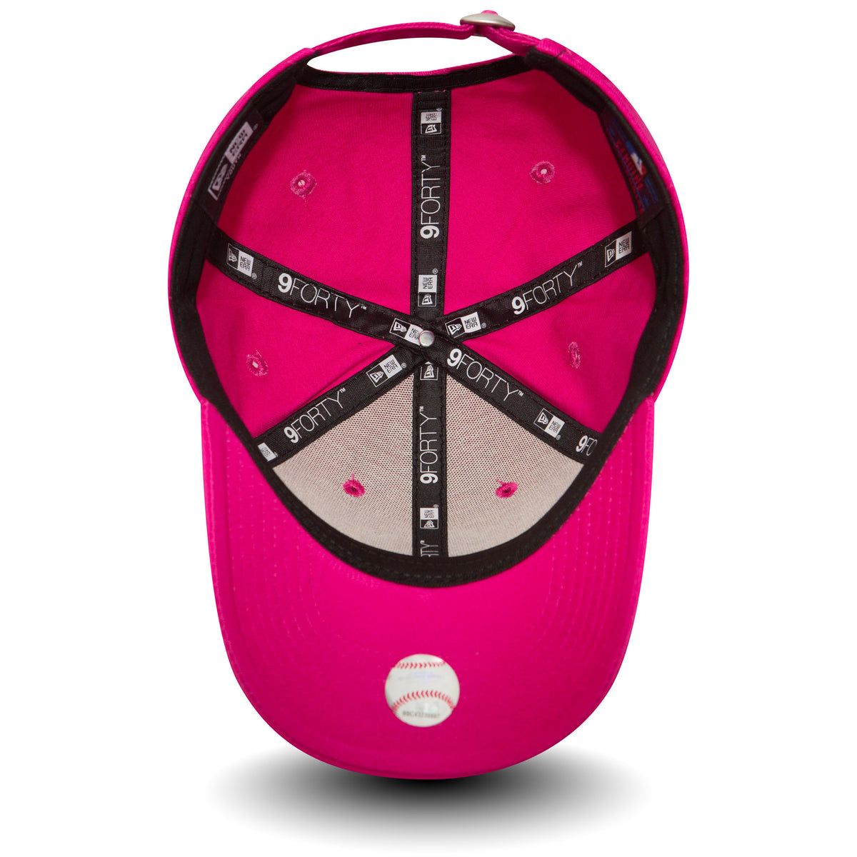 New York Yankees Essential Kids Pink New Era 9FORTY Cap, inside view showing black taping with 9FORTY branding, a grey undervisor and pink eyelets, plus a baseball graphic sticker on the underside of the visor.