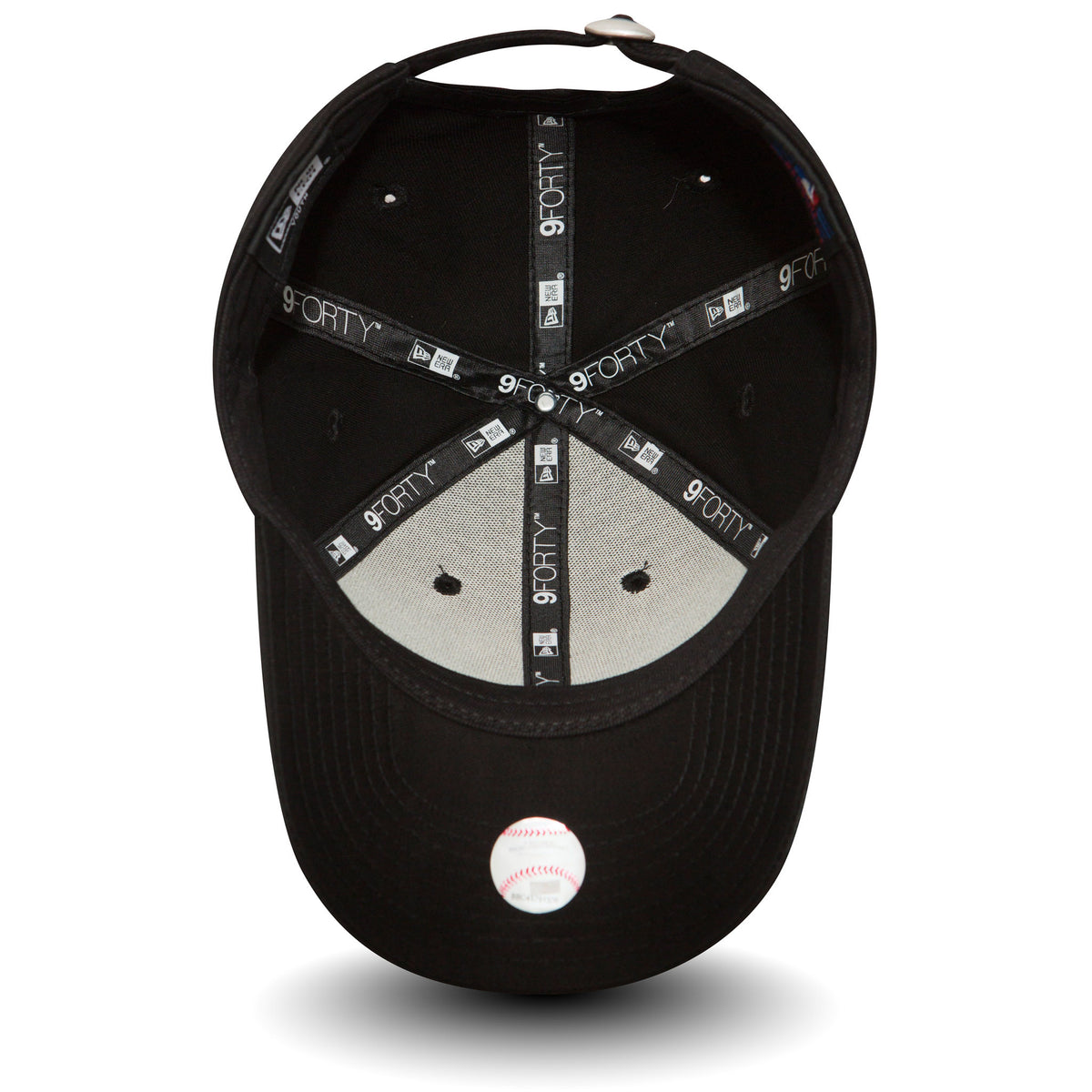 New York Yankees Essential Kids Black New Era 9FORTY Cap, inside view showing grey undervisor, black sweatband with repeated 9FORTY logo taping, and a red and white baseball sticker centred on the black visor.