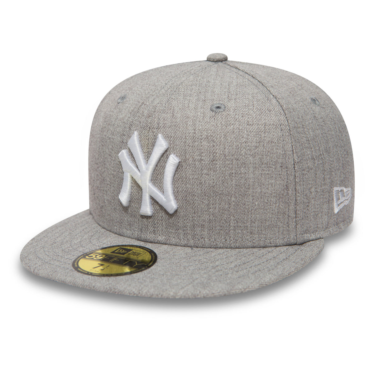 New York Yankees Essential Heather Grey New Era 59FIFTY Cap, three-quarter view showing white raised embroidered NY logo on the front panel, a gold 59FIFTY size sticker on the flat grey visor, and the New Era flag logo on the left side.