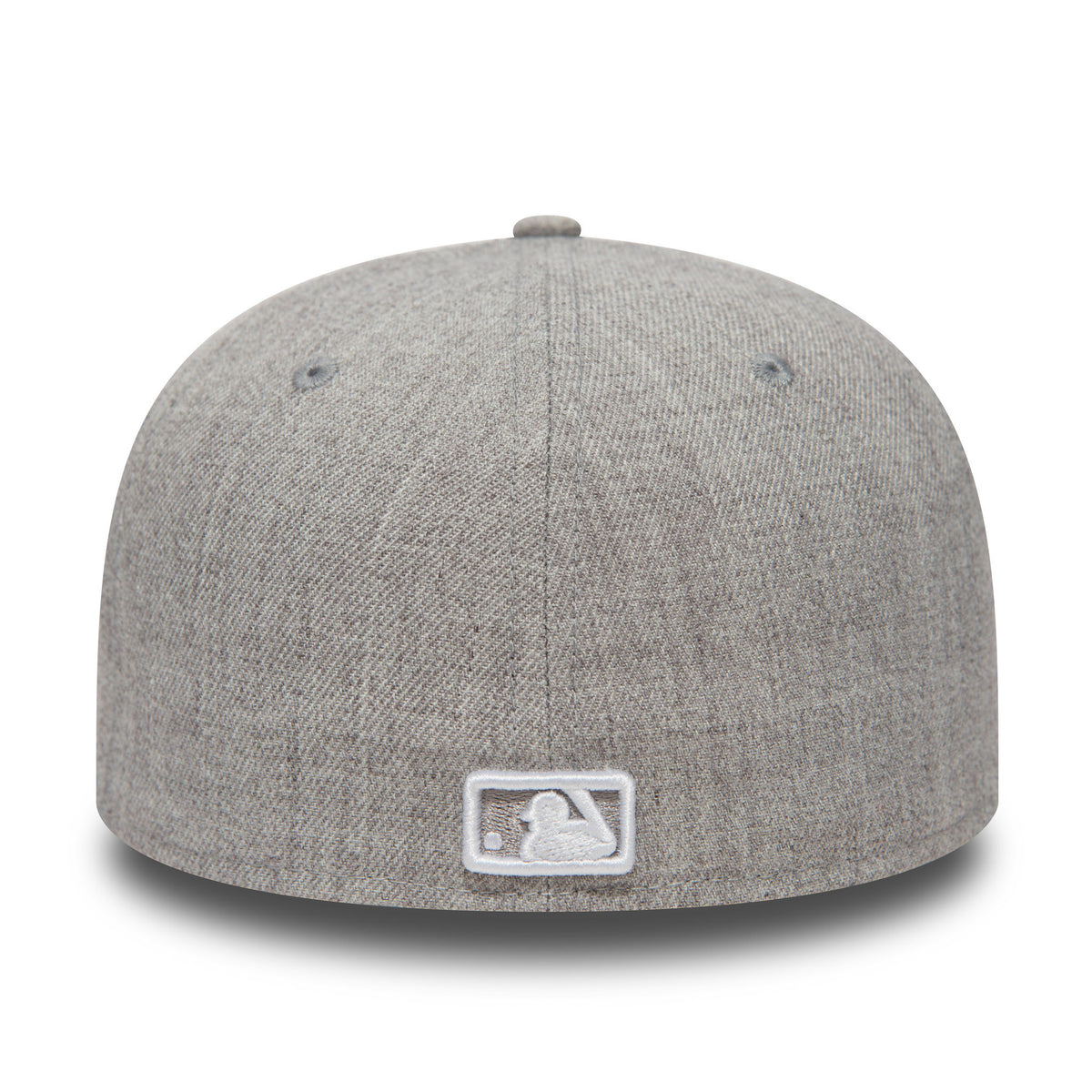 New York Yankees Essential Heather Grey New Era 59FIFTY Cap, rear view showing the white embroidered MLB Batterman logo at the centre back, positioned on a heather grey structured crown with a matching top button.