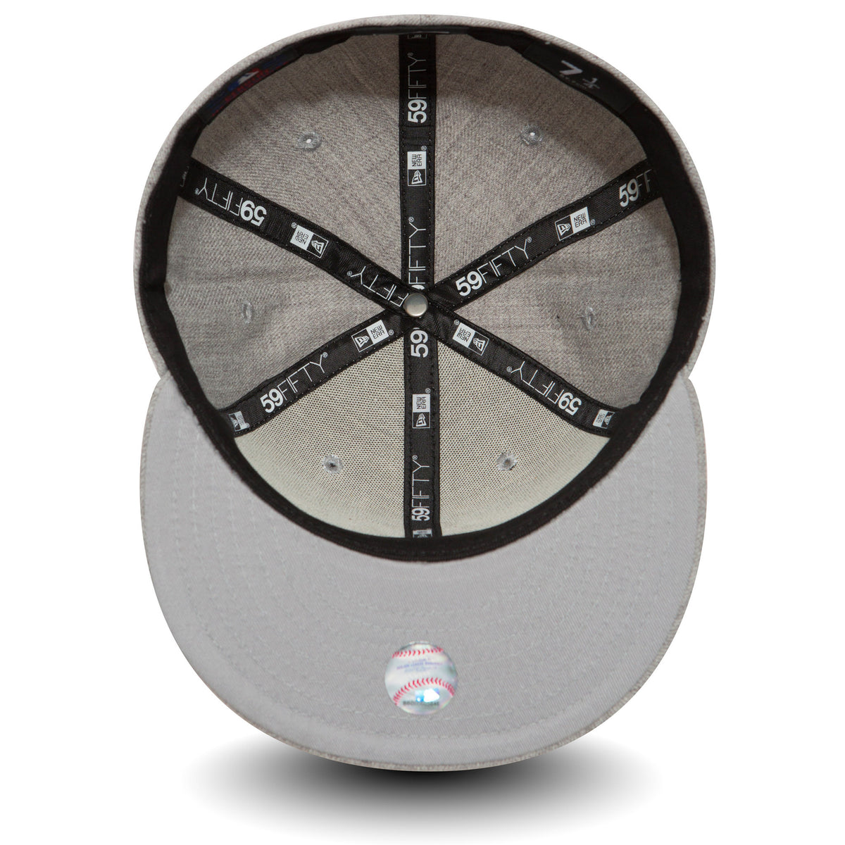 New York Yankees Essential Heather Grey New Era 59FIFTY Cap, inside view showing the black taping with 59FIFTY branding and the grey undervisor, featuring a top button at the centre of the heather grey panels.